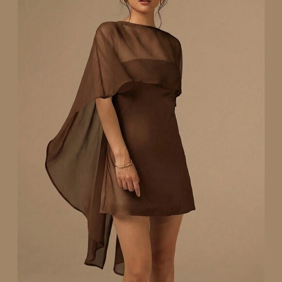 Dresses & Skirts - Brown Sheer Chiffon Mini Dress with Draped Cape Sleeve